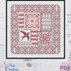 May include: A framed cross-stitch pattern featuring a geometric design in shades of red, pink, and gray. The design includes floral and bird motifs, with the text "Pura Creations" and "PDF" visible.