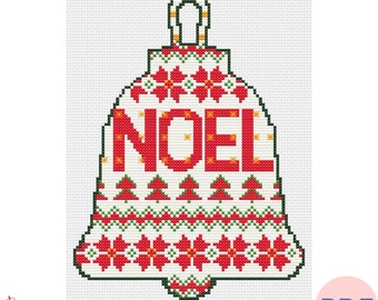 NOEL Christmas Bell (Digital Format PDF) Christmas Cross Stitch, Bell Pattern, Digital Winter Pattern, Cross Stitch Pattern, ornaments PDF