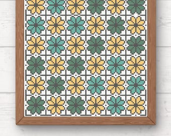 Quilt Flowers cross stitch pattern.  Download PDF. Handmade home decor.