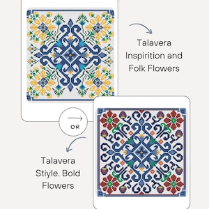 May include: Two square designs with floral patterns in blue, yellow, green, and red. The designs are labeled "Talavera Inspiration and Folk Flowers" and "Talavera Stile. Bold Flowers."