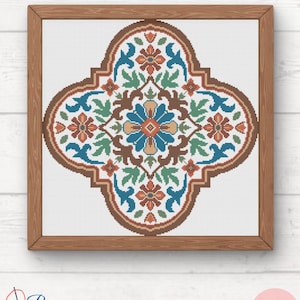 Könnte beinhalten: Ein gerahmtes Kreuzstichmuster mit einem symmetrischen Blumendesign in Blau-, Orange-, Grün- und Brauntönen. Das Kunstwerk ist vor einem weißen Hintergrund platziert und in einem Holzrahmen eingefasst. Der Text "Pura Creations" und "PDF" ist enthalten.