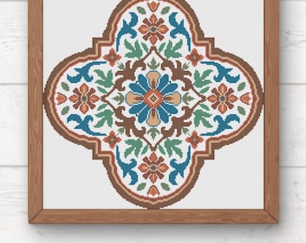 May include: A framed cross-stitch pattern featuring a symmetrical floral design in shades of blue, orange, green, and brown. The artwork is set against a white background and framed in a wooden border. The image includes the text "Pura Creations" and "PDF".