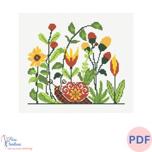 Puede incluir: Patrón de punto de cruz con un caracol rodeado de flores coloridas, incluyendo girasoles, tulipanes y otras flores. El caracol es rojo, naranja y amarillo con un patrón detallado en su caparazón. Las flores son en tonos de amarillo, naranja, rojo y verde.