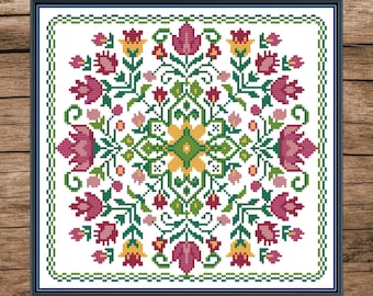 Blooming Folk Mandala – Floral Cross Stitch Pattern | Folk Art Embroidery Design