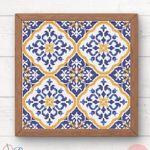 May include: A cross stitch pattern featuring a repeating geometric design of blue, white, and yellow tiles. The pattern is framed in a brown wood frame.