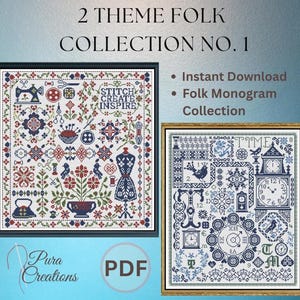 Peut inclure: Deux modèles de point de croix avec le texte 2 THEME FOLK COLLECTION NO. 1, INSTANT DOWNLOAD, FOLK MONOGRAM COLLECTION et STITCH CREATE INSPIRE. Les motifs incluent des éléments de couture, des horloges, des oiseaux et des fleurs en rouge, bleu et blanc.