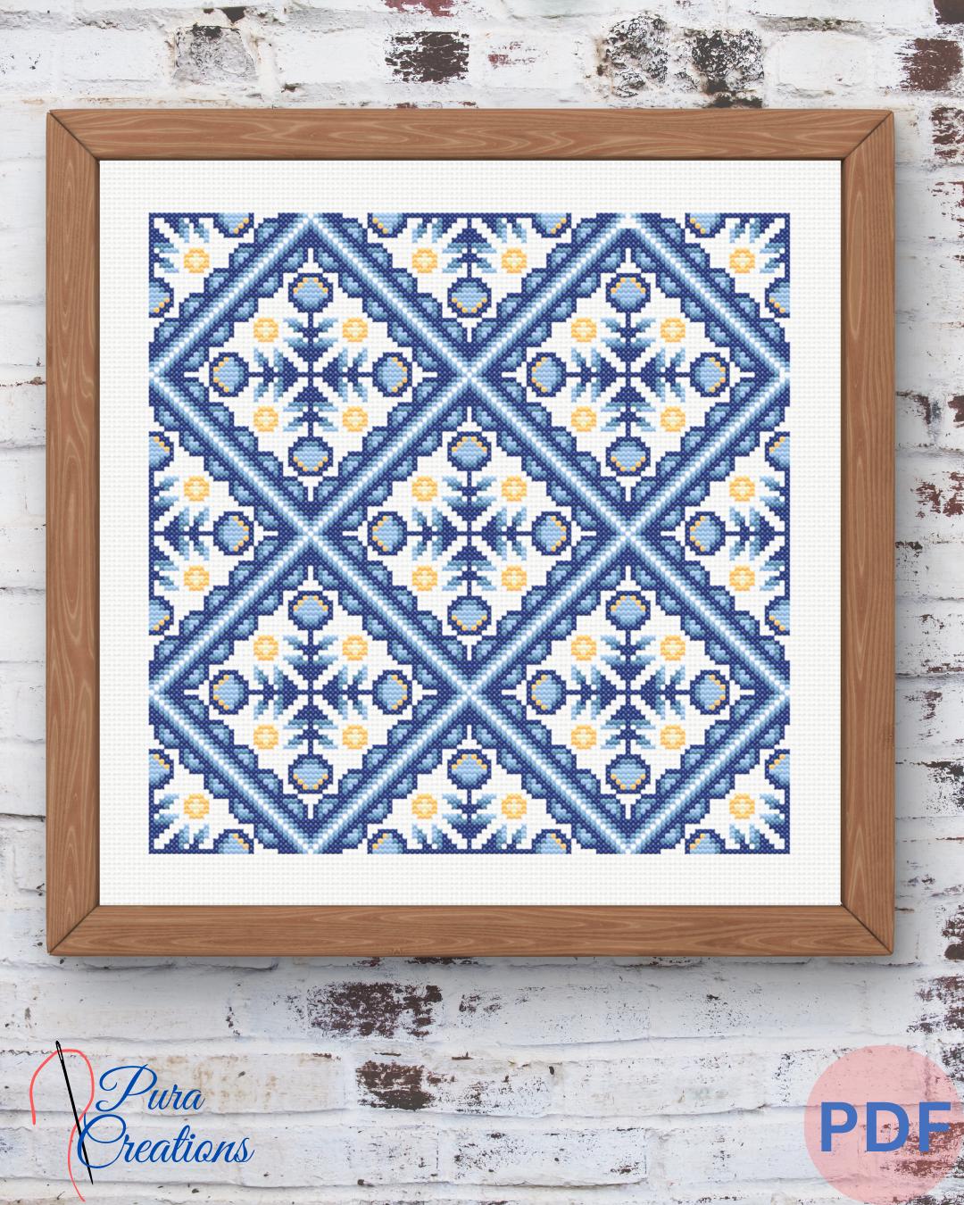 Traditional Portuguese (Lisbon) Tiles cross stitch pattern. Mosaic cross Stitch design Pattern download PDF. Folk Counted cross-stitch