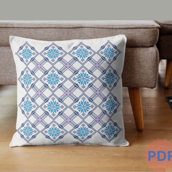 Square flowers cross stitch pattern, Cushion Cover Cross Stitch pattern.  Download PDF. Handmade home decor. Symmetric Pattern