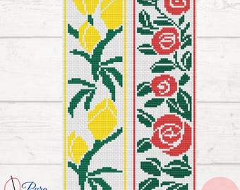 Marcador de Livro em Ponto Cruz com Rosas e Íris (PDF Digital). Coleção de Motivos Florais.