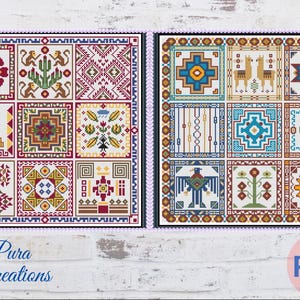 May include: A cross stitch pattern featuring two grids of nine squares each, displaying colorful geometric motifs, llamas, a pyramid, cacti, monkeys, and birds in red, blue, yellow, and green threads. The design includes the text Pura Creations.