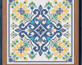 May include: A framed cross-stitch pattern with a symmetrical design in shades of blue, yellow, and green. The pattern features floral and geometric elements. The frame is made of wood. The text "Pura Creations" and "PDF" are visible.
