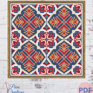 Patrón de punto de cruz de azulejos folclóricos de Anatolia / Mosaico otomano / Patrón repetible de azulejos inspirados en kilim (PDF)