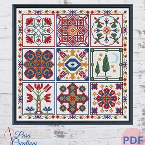 Può includere: Un motivo a punto croce incorniciato con nove colorati disegni geometrici in rosso, blu, giallo e verde. I disegni includono motivi floreali e astratti, con un bordo di motivi floreali ripetuti. I testi "Pura Creations" e "PDF" sono visibili.