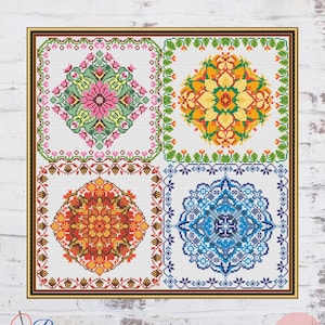 Four Seasons Tile Cross Stitch Pattern Set – Folk Mandala Seasonal Designs (PDF Pattern).