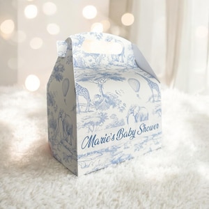Niebieskie pudełko Safari Favor Box - Toile Baby Shower Gift Box - Dekoracja na imprezę w stylu dżungli - Eleganckie pudełko Safari