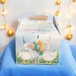 Caja de recuerdos con temática de ganso: cumpleaños de gemelos, fiesta de revelación de género