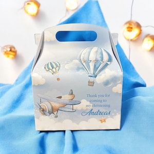 Scatola portaconfetti per battesimo - Scatola per feste con mongolfiera blu - Sacchetto per dolcetti per neonato - Scatola per compleanno neonato - Tema aereo
