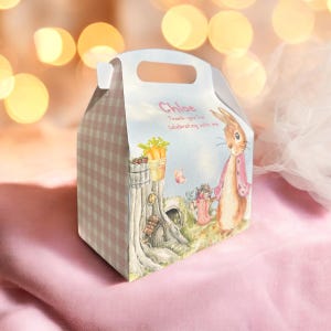 Flopsy Rabbit - Scatola per bomboniere Peter Rabbit, scatola regalo per baby shower blu e rosa, ricordo per la rivelazione del sesso del bambino e festa di compleanno, nome personalizzato