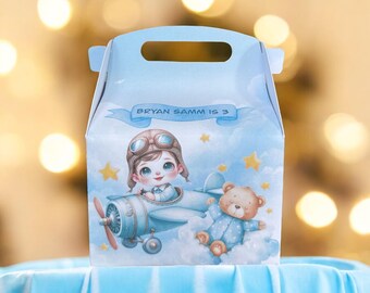 Airplane Favor Box: Blue Sky Party Gift Bag - Pilot & Teddy Bear