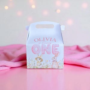 Bunny First Birthday Favor Box: Floral Theme, Pastel Colors