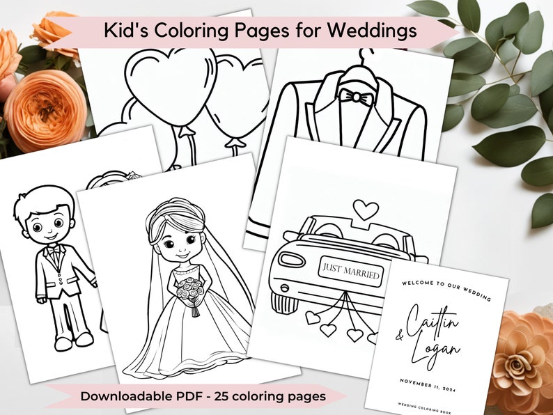 Wedding Coloring Book, Wedding Coloring Pages, Kids Wedding Activity