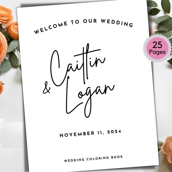 Wedding coloring book, Wedding coloring pages, Kids wedding activity, Elegant wedding coloring book, Personalized for your event, Minimalist