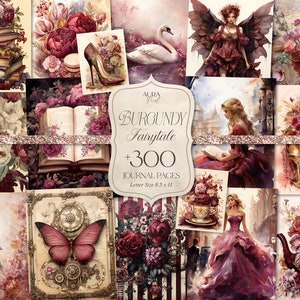Bourgondië sprookje Junk Journal kit - Burgundy Princess aquarel pagina's Ephemera, bundel afdrukbare shabby pagina's, Fantasy digitale collage