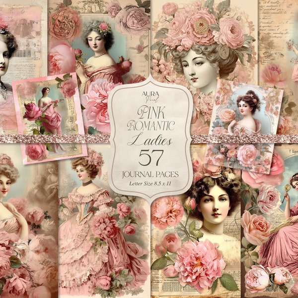 Pink Victorian Ladies Junk Journal Pages, Bundle Vintage Victorian Lady Collage Sheet printable, Ephemera, Antique Papers, Vintage Fashion