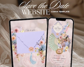 Peut inclure: Un modèle Canva numérique Save the Date affiché sur une tablette et un smartphone. Le design présente une enveloppe lavande avec un sceau de cire papillon, des arrangements floraux, un éventail et du texte incluant Save the Date, Eleanor & Spencer.