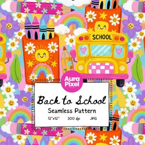 Puede incluir: Un colorido patrón sin costuras con temática escolar. El diseño incluye autobuses escolares amarillos, portalápices naranjas, lápices, arcoíris y flores sonrientes. También está presente el texto "Back to School".