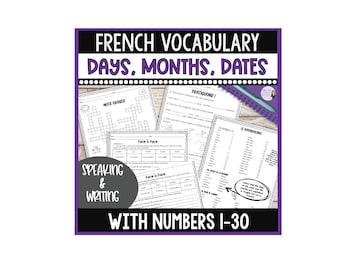 French worksheets for days of the week, months, dates, and numbers 1-30
