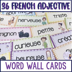 French word wall, adjectives vocabulary, French classroom decor, classroom bulletin board, classroom display for French, French education