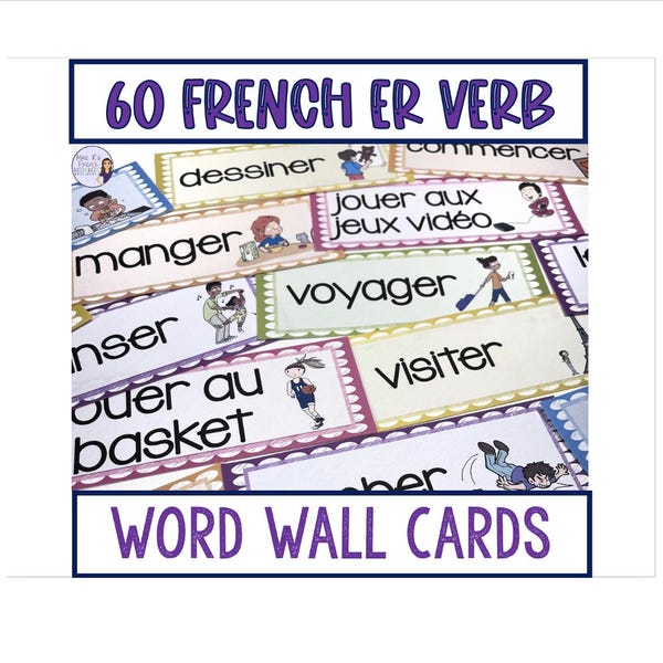 Tarjetas de pared con verbos en francés (ER): Decoración para el aula (Descarga digital)