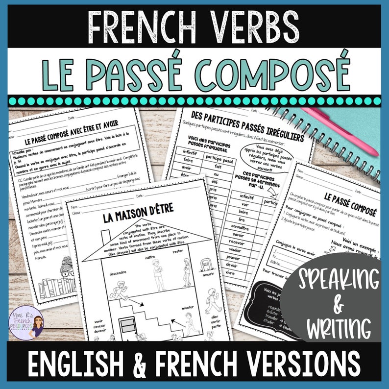 Passé composé French worksheets for French verb conjugation, French classroom resource, French class verb activities digital resource image 1