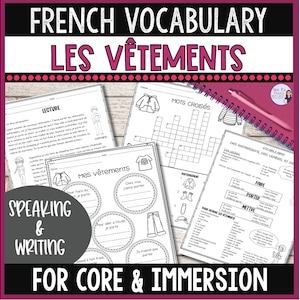 French clothing vocabulary worksheets: French classroom resource, French printable vocabulary resource for speaking & writing