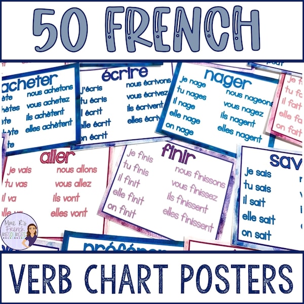 French verb chart printable posters for regular & irregular verbs : French verb conjugation charts, French classroom decor