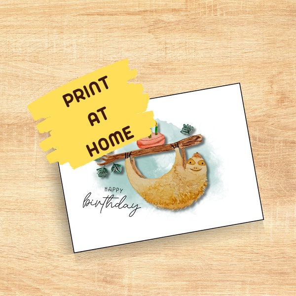 Printable Card - Digital Download Sloth - digitale Karte zum drucken - Happy Birthday Sloth Alles gute Faultier - Watercolor Wasserfarben