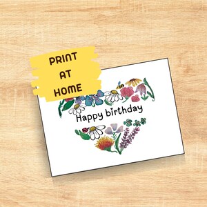 Printable Card Digital Download Happy Birthday Flower Heart - Digitale Geburtstagskarte - Blumenherz Karte - Druckbare Karte Wasserfarben