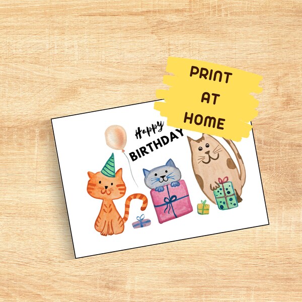 Printable Birthday Card Cats - Digital Download Happy Birthday Cats - Druckbare Geburtstagskarte Katzen Wasserfarben