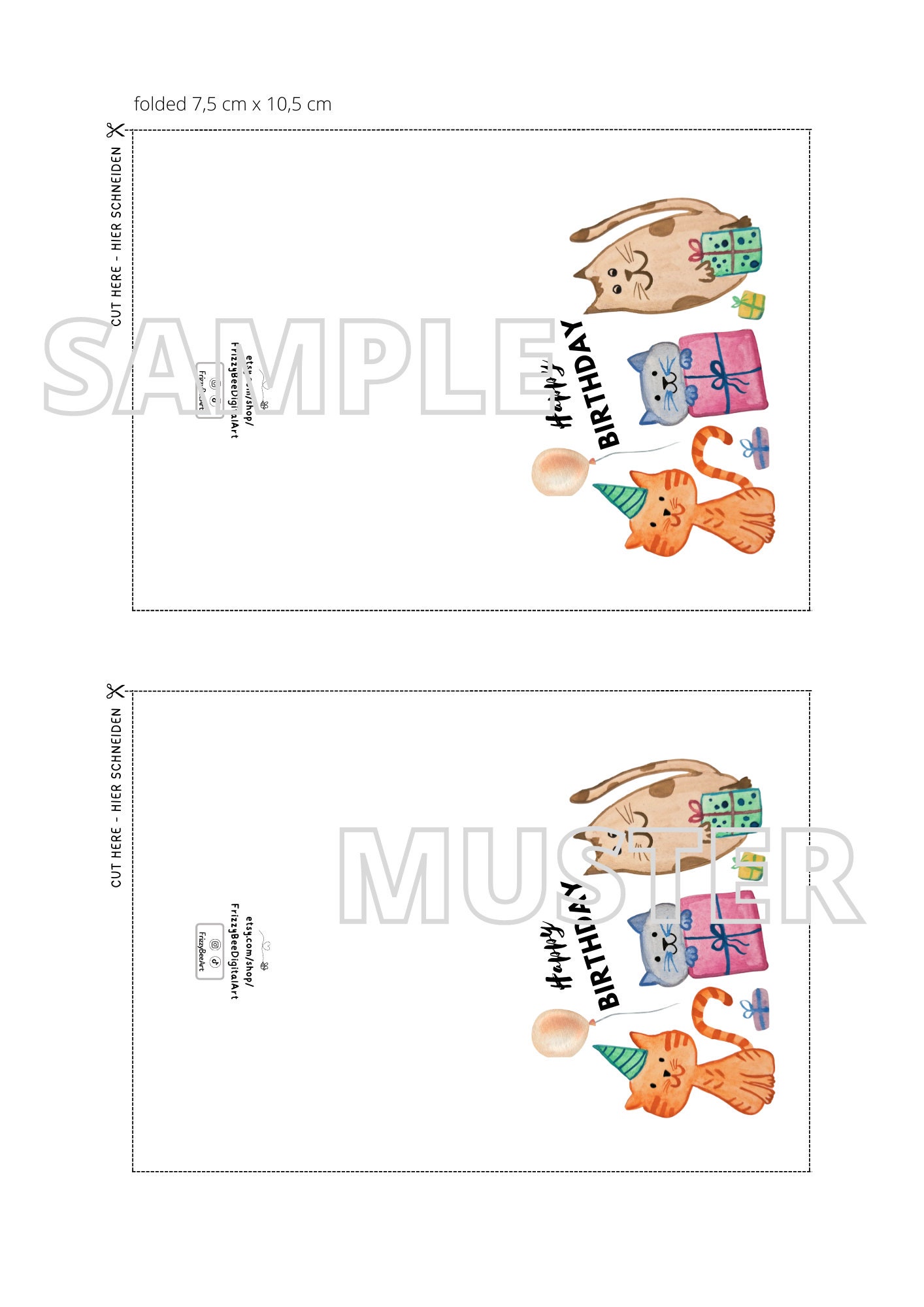 Printable Birthday Card Cats Digital Download Happy Birthday Cats