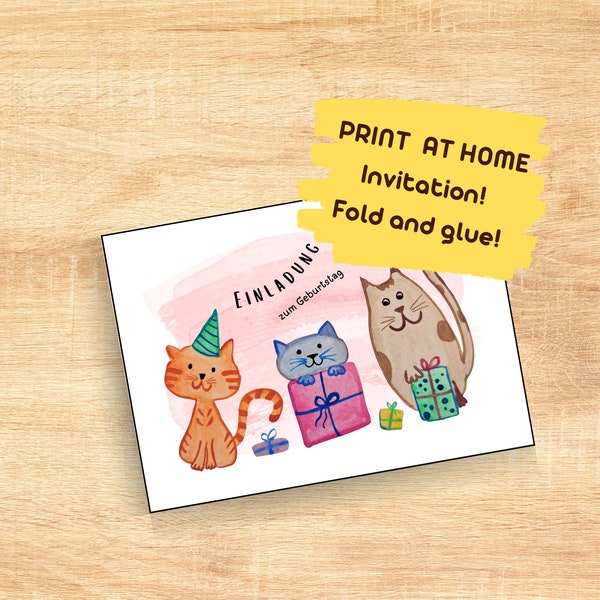 Druckbare Einladung Kindergeburtstag Katzen - Einladung Katzen - Kids Party - Einladungskarte zum ausdrucken - Katze zum Geburtstag - Karte