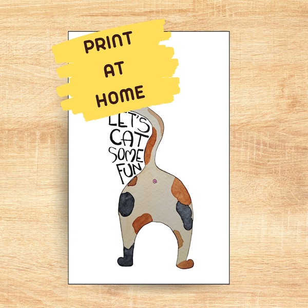 Printable Card - Digital Download Fun Cat - digitale Karte zum drucken - Let's Get some Fun - Watercolor Wasserfarben - Let's CAT some fun