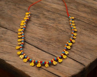 Boho Gold Plated Coin Charm Necklace – Handmade Red Waxed Cord with Turquoise Beads