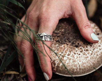 Silber Pilz Ring, Handgemachter Zierlicher Pilz Schmuck, Goblincore Naturschmuck