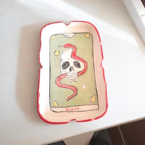 red green skull death tarot card ashtray