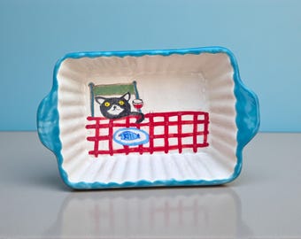 Hand-Painted Ceramic Tray with Wine-Drinking Cat Illustration – One of a Kind