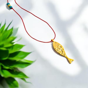 24k Gold Plated Fish Pendant Necklace on Red Cord – Adjustable Handmade Minimal Jewelry
