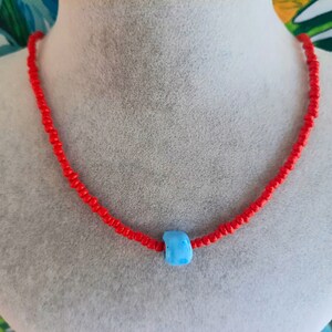 Red Seed Bead and Cube Turquoise Necklace