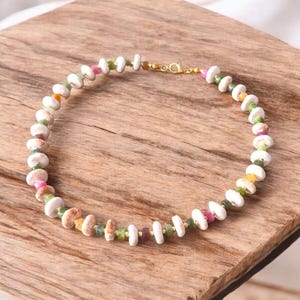 Handmade Ceramic Beaded Necklace: Natural Gemstones & Gold-Plated Accents
