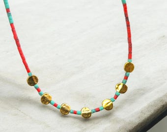 red turquoise brass plated gold necklace